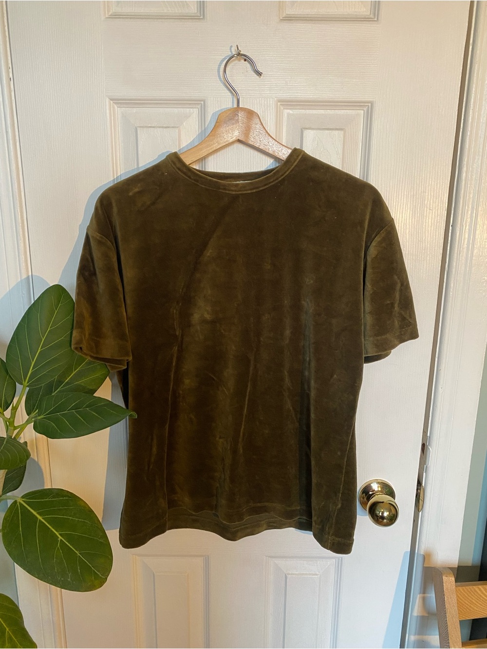 Men's Olive Green Velvet Crewneck T-Shirt